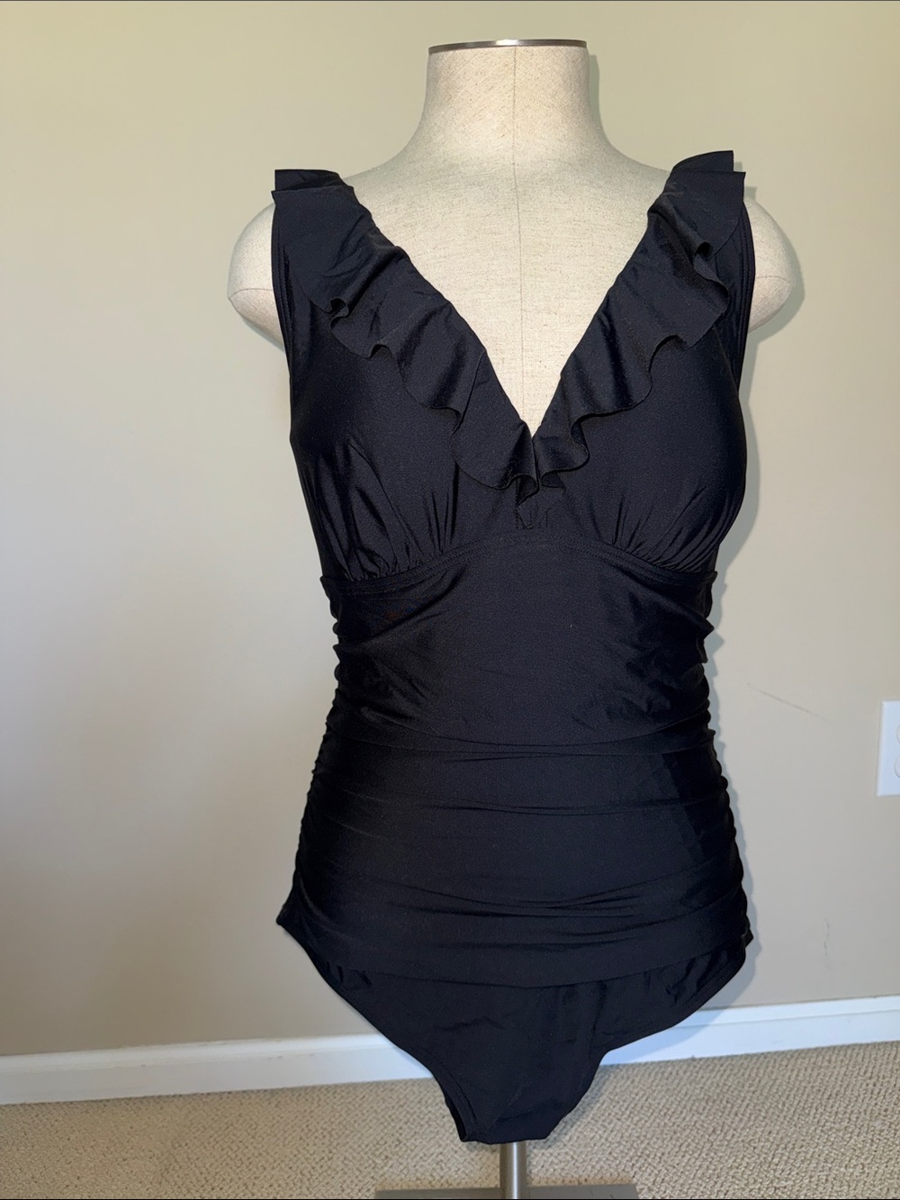 DKNY Black Ruffle V-Neck Swimsuit